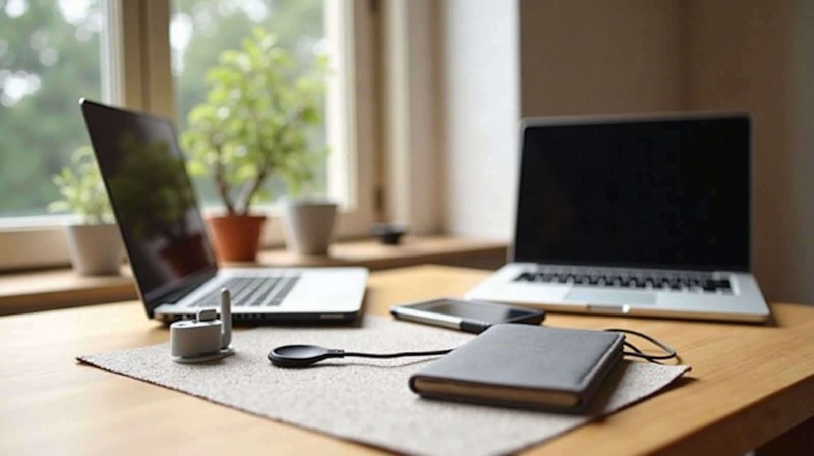 Bureau avec un ordinateur portable et une clé de sécurité USB posée à côté