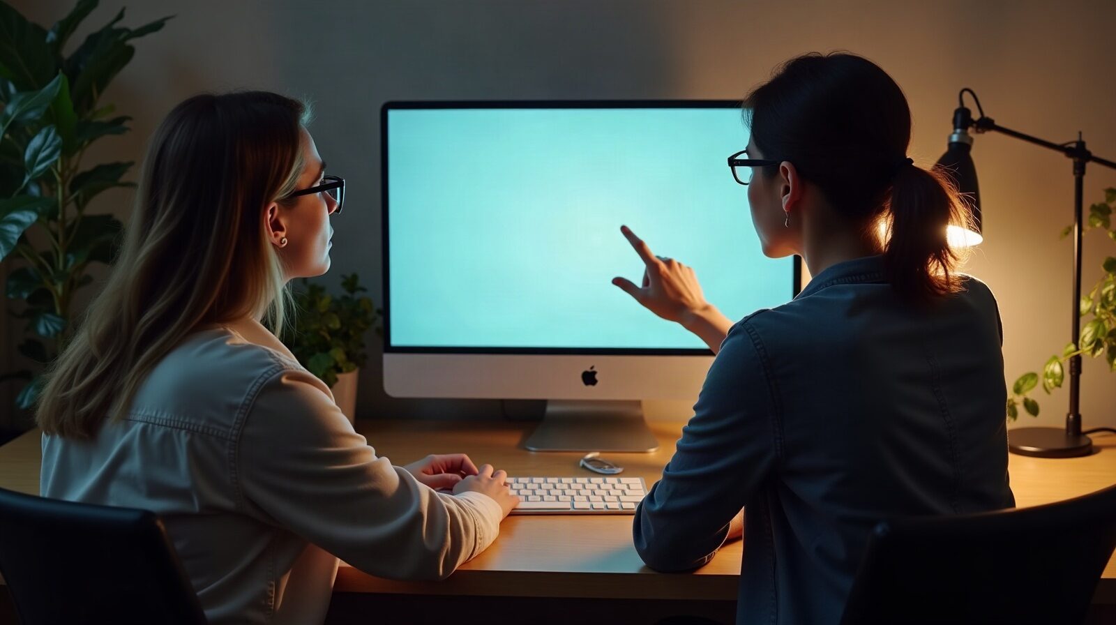 Deux personnes de dos devant un grand écran dans un bureau, l'une désignant l'écran