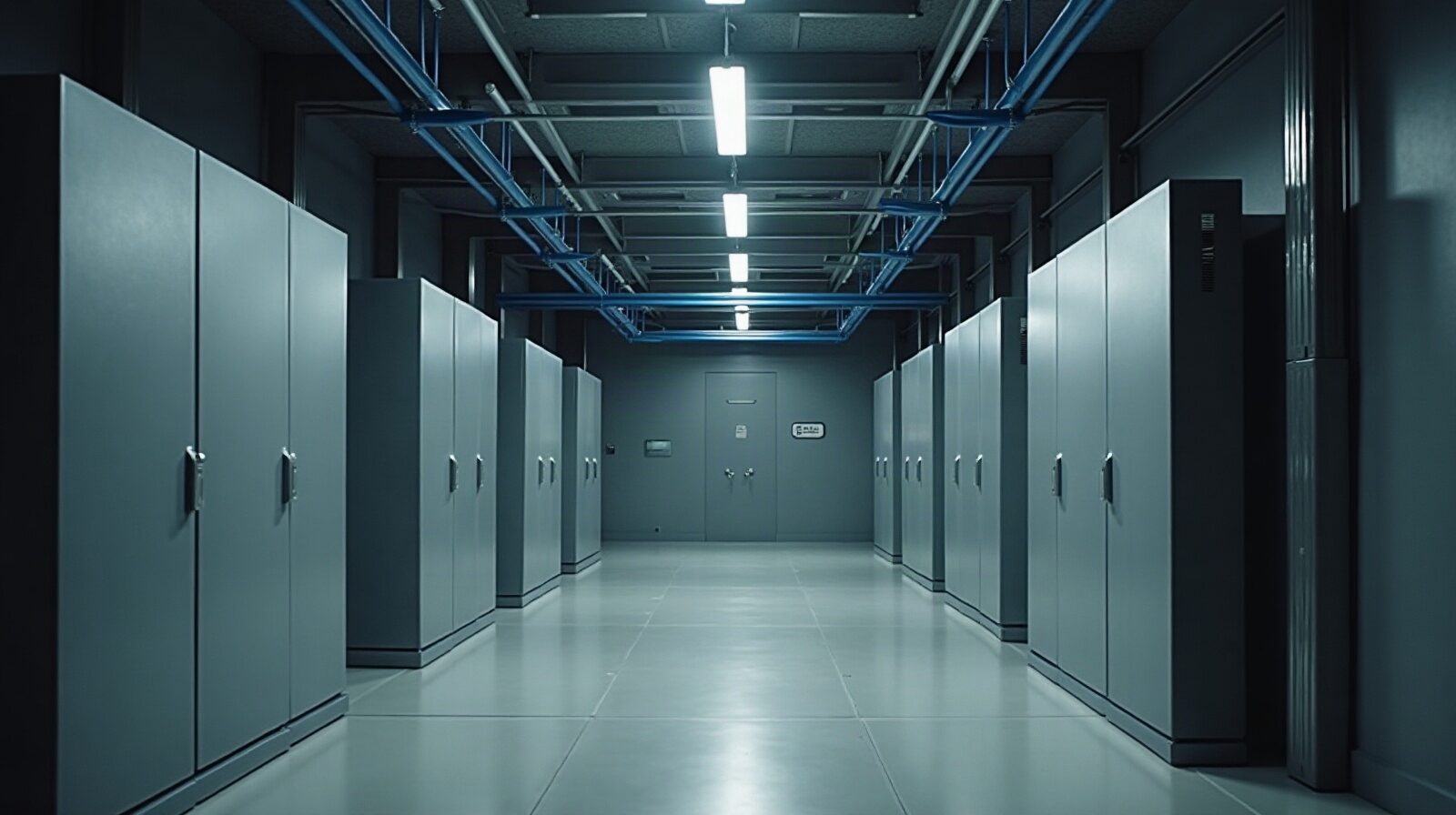 Baies de serveurs alignées dans une salle d'hébergement, diodes d'activité allumées