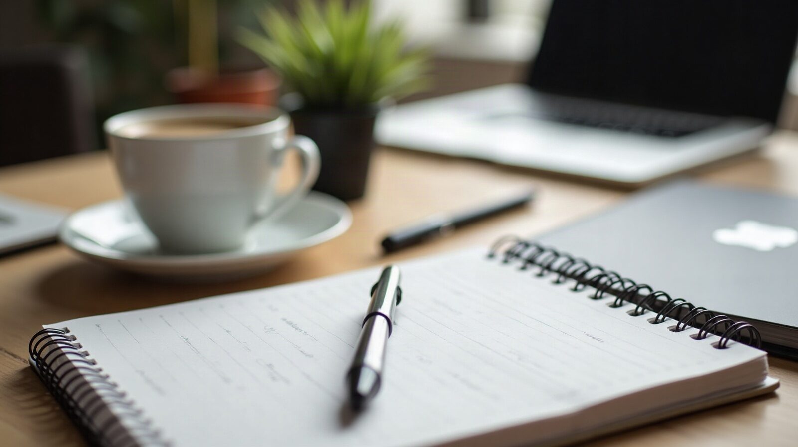 Carnet vierge et stylo sur un bureau, à côté d'un ordinateur portable fermé