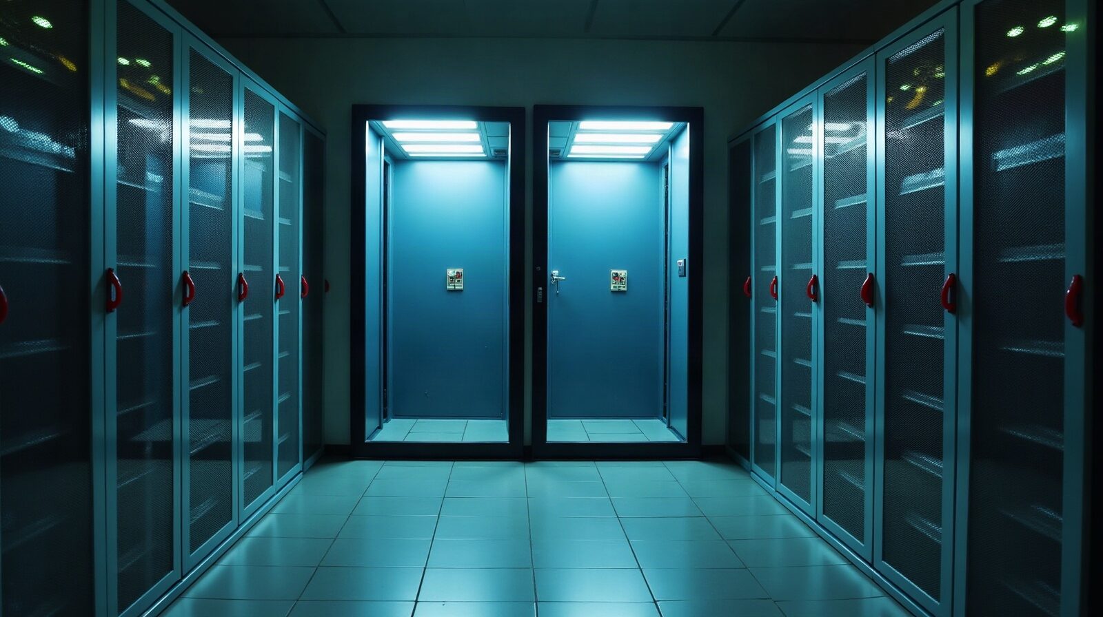 Deux baies de serveurs côte à côte, l'une allumée, l'autre ouverte avec ses tiroirs de disques posés sur une desserte