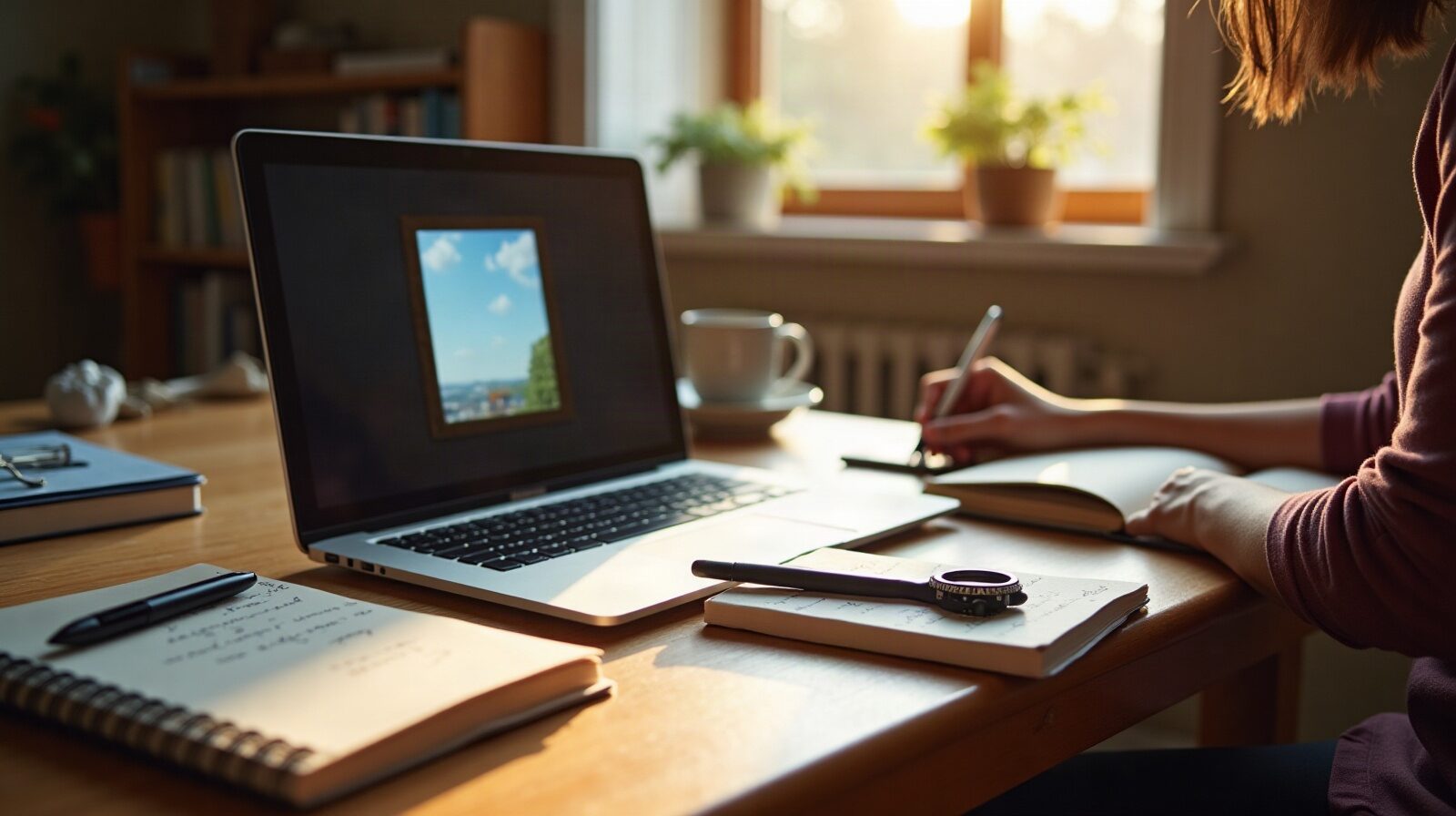 Bureau avec un ordinateur portable à l'écran flou, un carnet manuscrit ouvert et un stylo