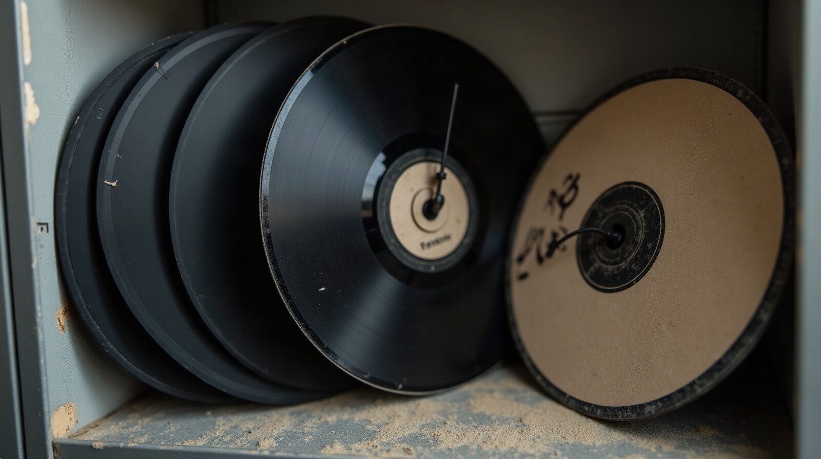 Deux disques externes sur une étagère métallique, l'un avec son câble débranché posé à côté